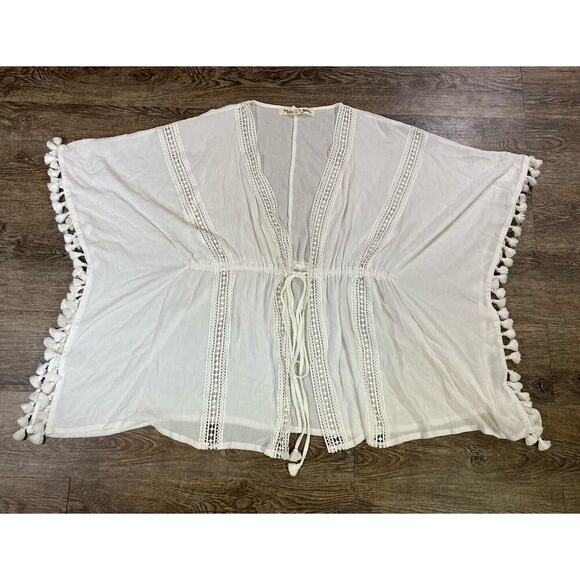 Michael Stars Womens White Honeymoon Caftan Boho Fringe Beach Cover OS - Picture 3 of 8